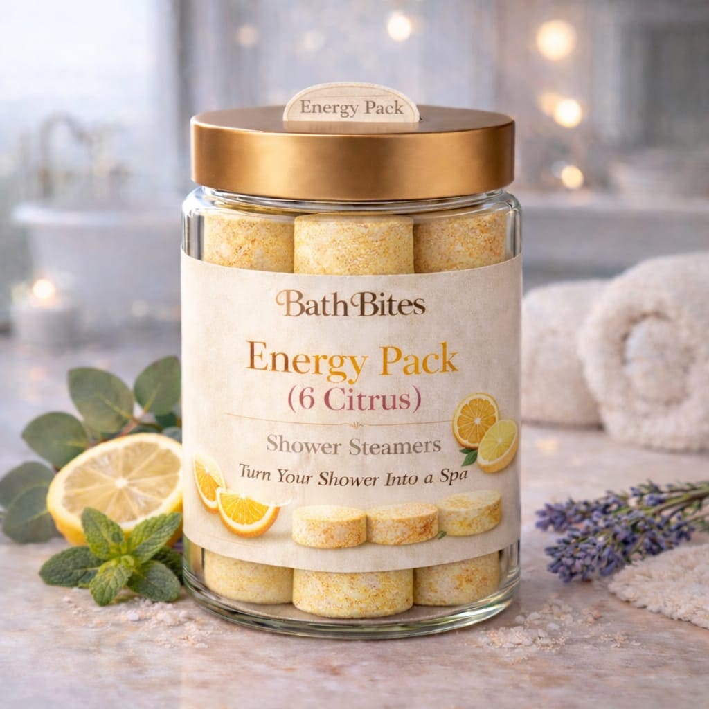 Citrus energy shower steamers for refreshing morning boost, aromatherapy self care product for stress relief and energizing spa shower experience.