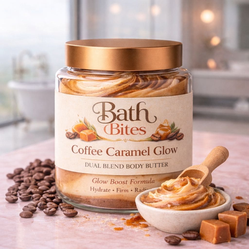 Coffee caramel body butter for glowing skin and deep nourishment, luxury moisturizing skincare for smooth radiant and hydrated skin.