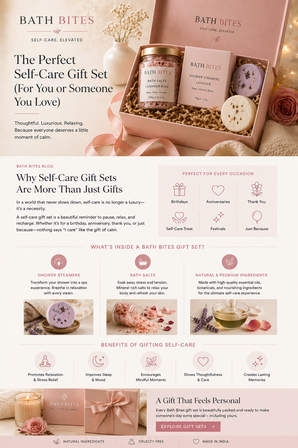 Luxury Bath Bites self care gift set with bath salts and shower steamers in aesthetic packaging for relaxation gifting