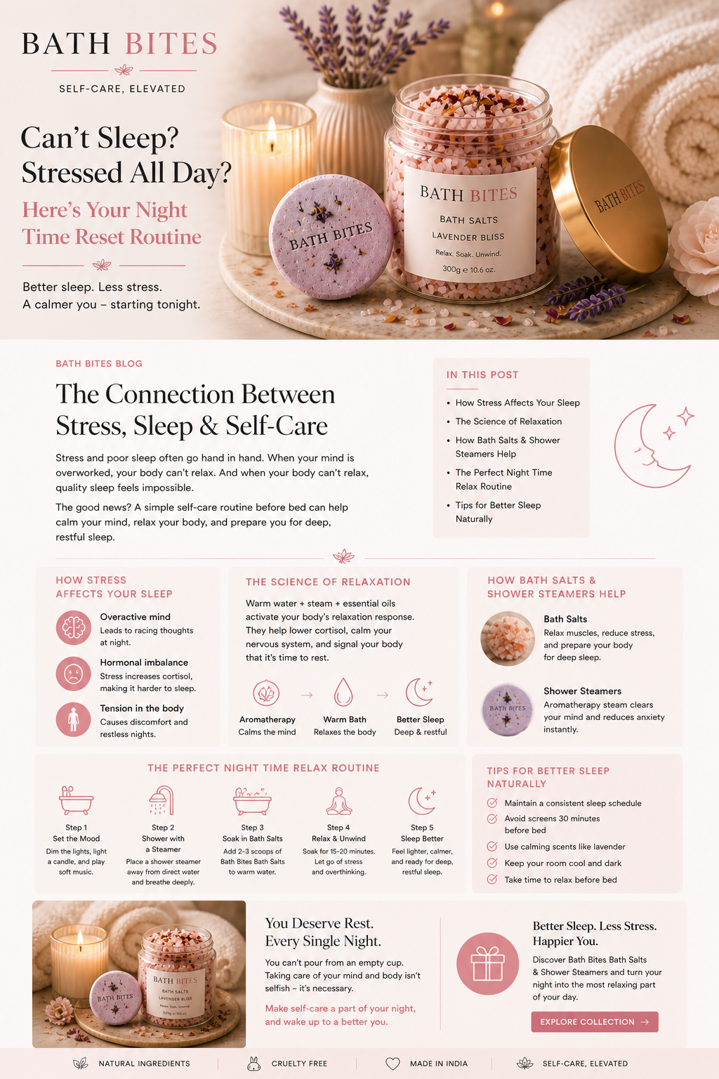 Bath Bites bath salts and shower steamer in calming night spa setting for better sleep and stress relief