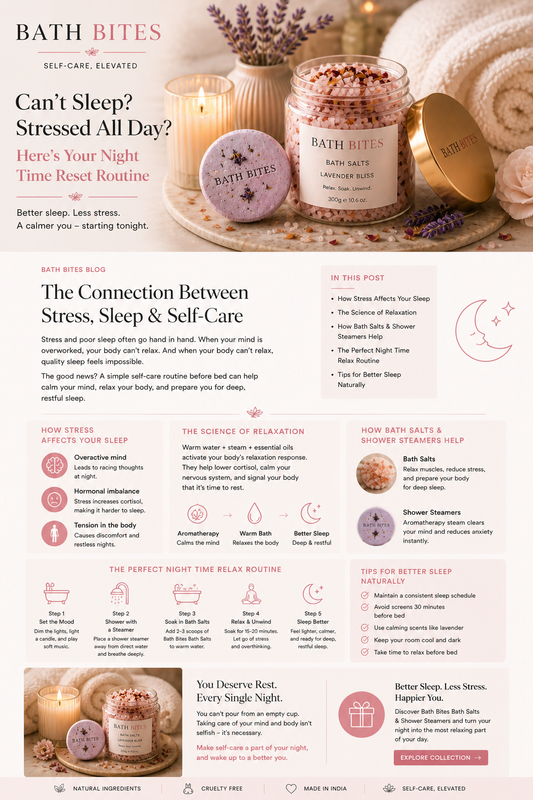Bath Bites bath salts and shower steamer in calming night spa setting for better sleep and stress relief