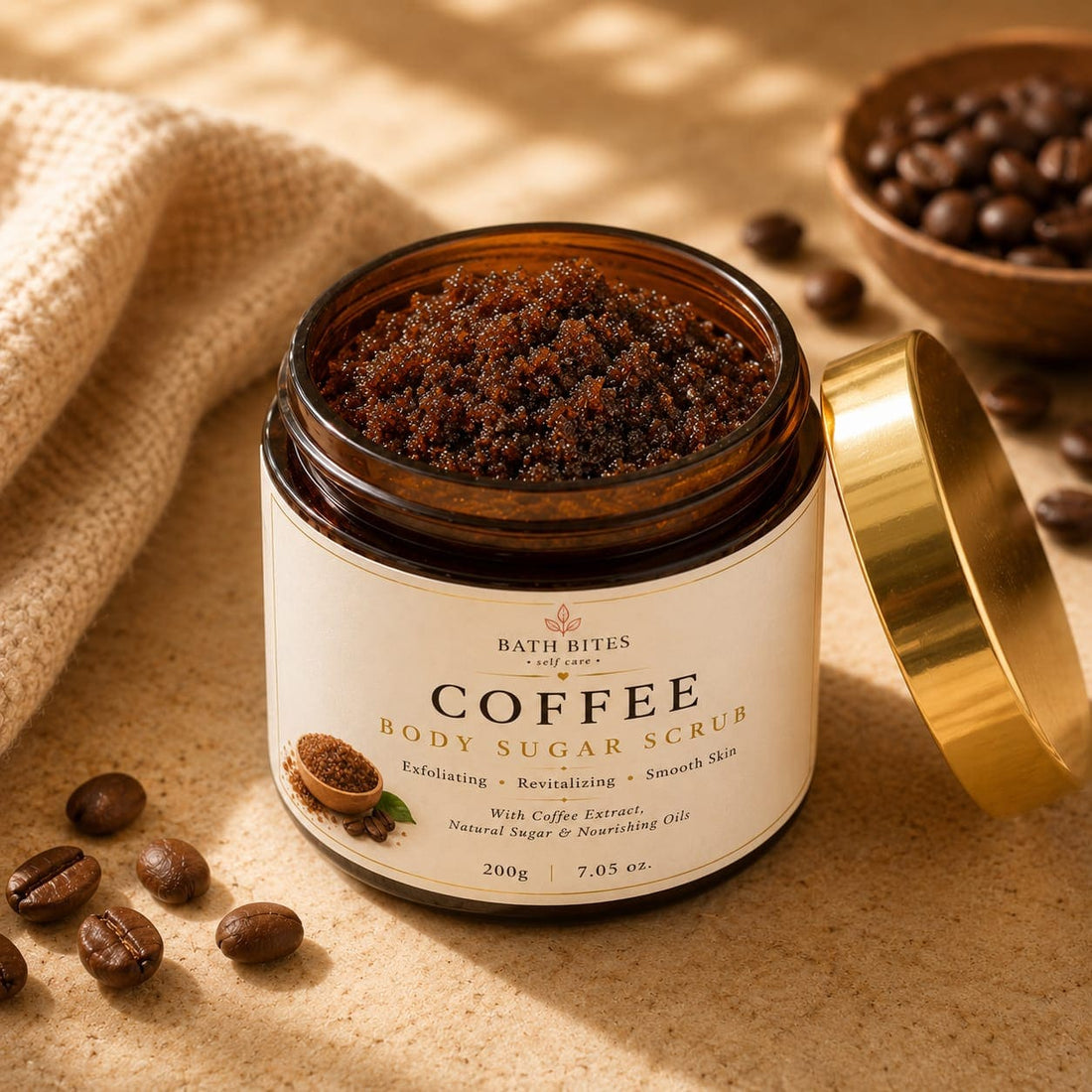 Bath Bites Coffee Body Sugar Scrub in a jar surrounded by coffee beans and sugar crystals