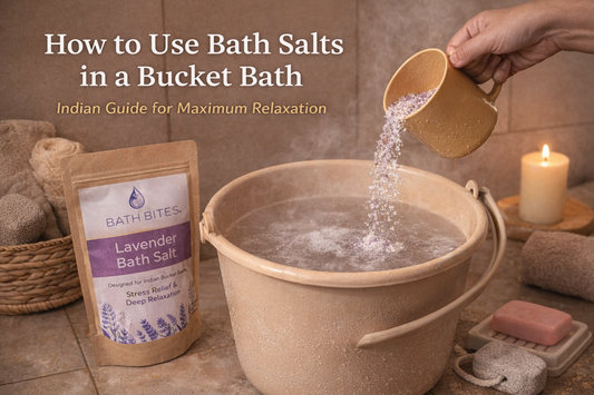Bath Bites lavender bath salt being poured into bucket bath water in Indian bathroom for relaxation and stress relief