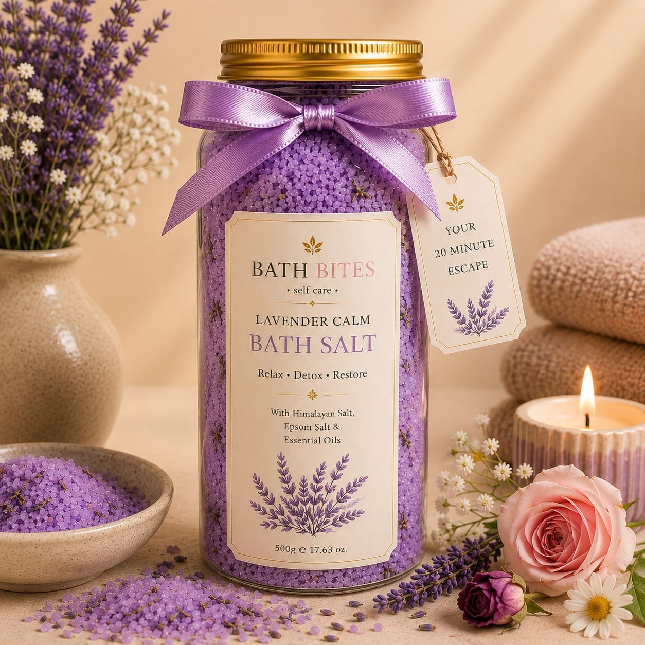 relaxing lavender bath soak with Himalayan salt, Epsom salt, and essential oils in a premium glass jar.