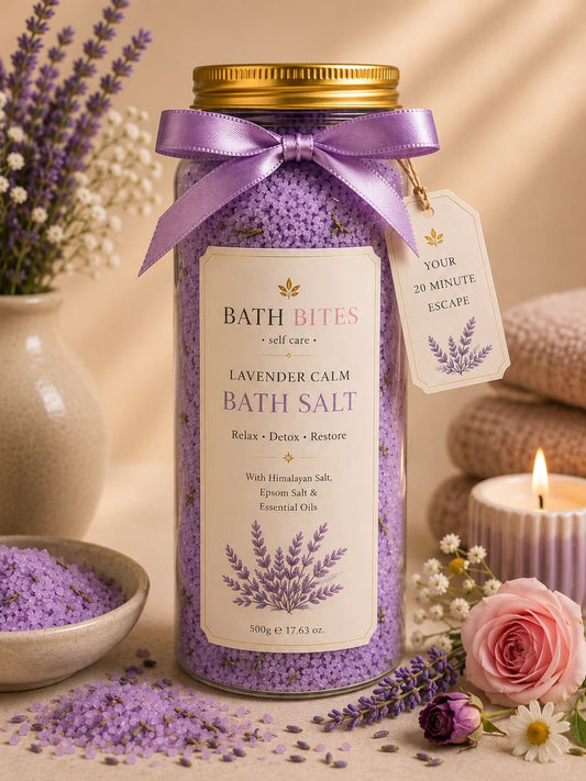 relaxing lavender bath soak with Himalayan salt, Epsom salt, and essential oils in a premium glass jar.