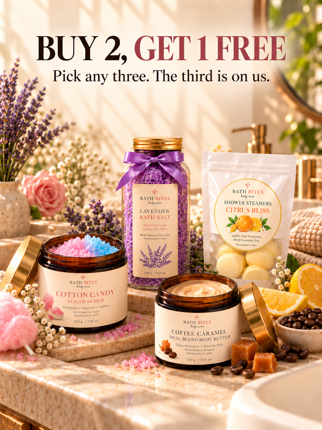 Buy 2, Get 1 Free. Pick any three, the third is on us.