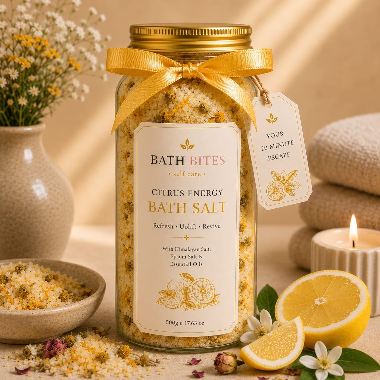 Citrus bath salt for relaxation and detox bath soak, natural aromatherapy self care product for stress relief and refreshing spa experience.