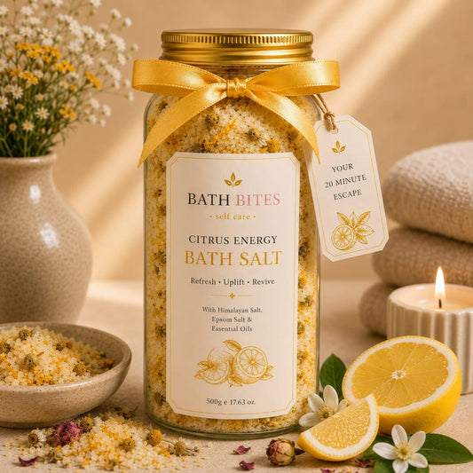 Citrus bath salt for relaxation and detox bath soak, natural aromatherapy self care product for stress relief and refreshing spa experience.