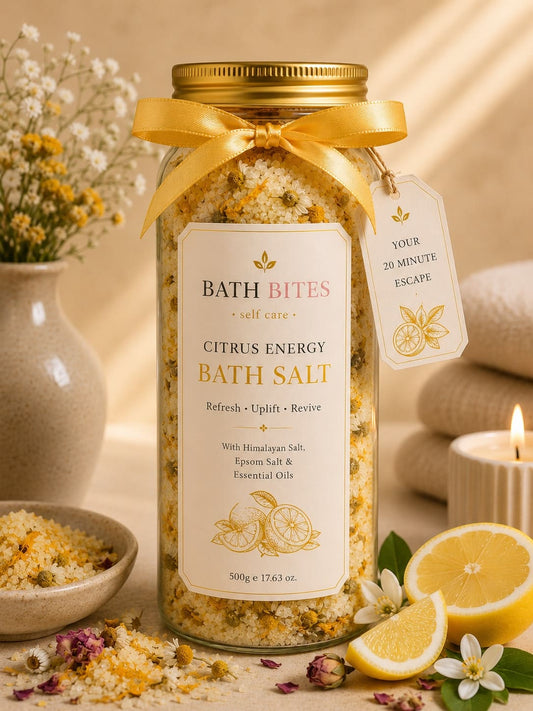 Citrus bath salt for relaxation and detox bath soak, natural aromatherapy self care product for stress relief and refreshing spa experience.