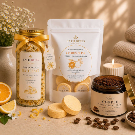 Citrus energy self care combo with shower steamers, citrus bath salt and coffee body scrub for exfoliation, detox, refreshing spa experience and glowing skin at home.