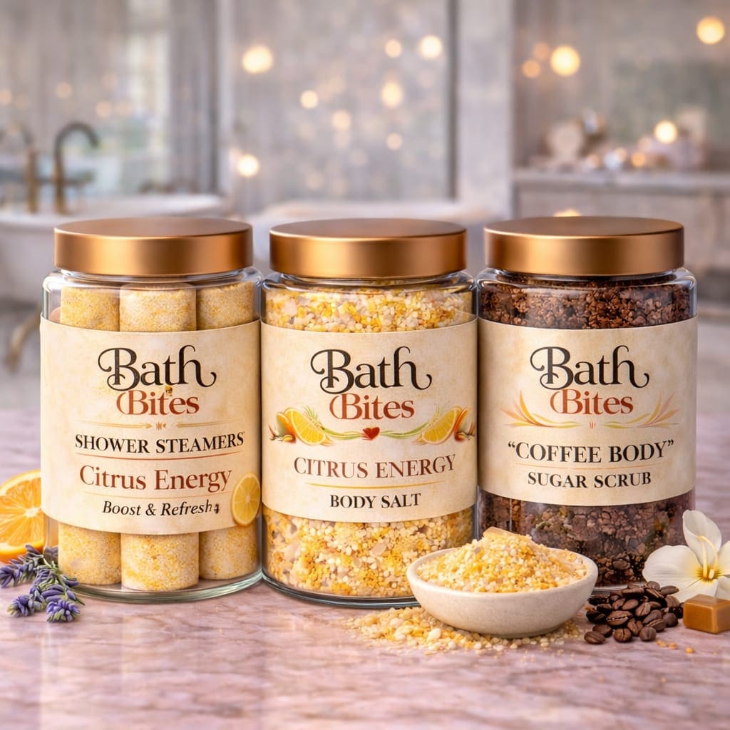 Citrus energy self care combo with shower steamers, citrus bath salt and coffee body scrub for exfoliation, detox, refreshing spa experience and glowing skin at home.