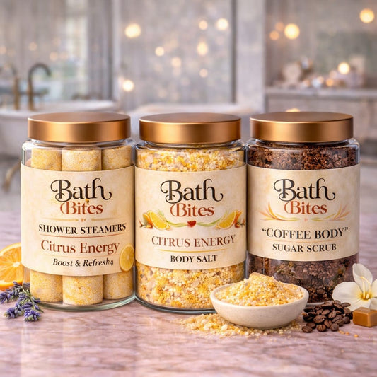 Citrus energy self care combo with shower steamers, citrus bath salt and coffee body scrub for exfoliation, detox, refreshing spa experience and glowing skin at home.