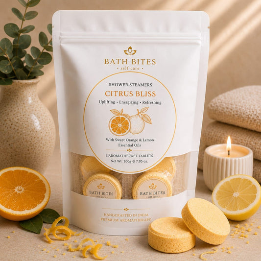 Citrus energy shower steamers for refreshing morning boost, aromatherapy self care product for stress relief and energizing spa shower experience.