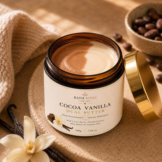 Cocoa vanilla body butter for deep hydration and soft glowing skin, luxury natural moisturizer for dry skin and daily self care routine.