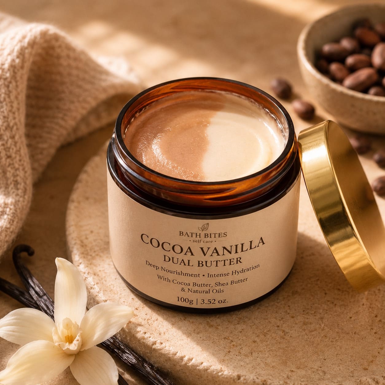 Cocoa vanilla body butter for deep hydration and soft glowing skin, luxury natural moisturizer for dry skin and daily self care routine.