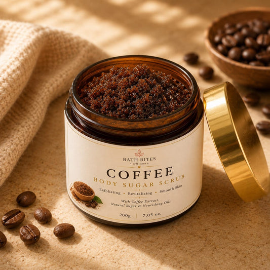 Coffee body scrub for exfoliation and glowing skin, natural skincare product for removing dead skin and improving smooth radiant skin.