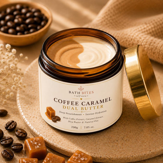 Coffee caramel body butter for glowing skin and deep nourishment, luxury moisturizing skincare for smooth radiant and hydrated skin.
