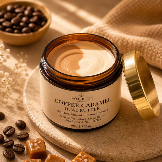 Coffee caramel body butter for glowing skin and deep nourishment, luxury moisturizing skincare for smooth radiant and hydrated skin.
