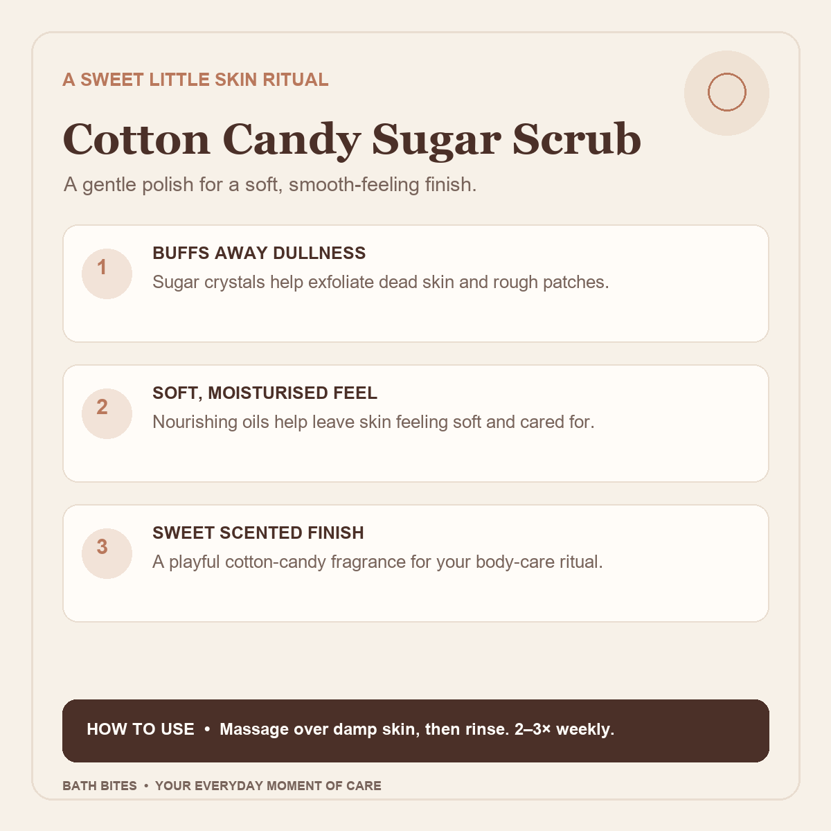 Cotton Candy Sugar Scrub benefits and directions card