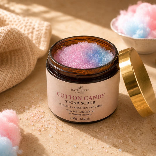  Natural cotton candy sugar scrub for glowing skin, body exfoliation and deep cleansing, luxury self care skincare product for soft smooth skin.