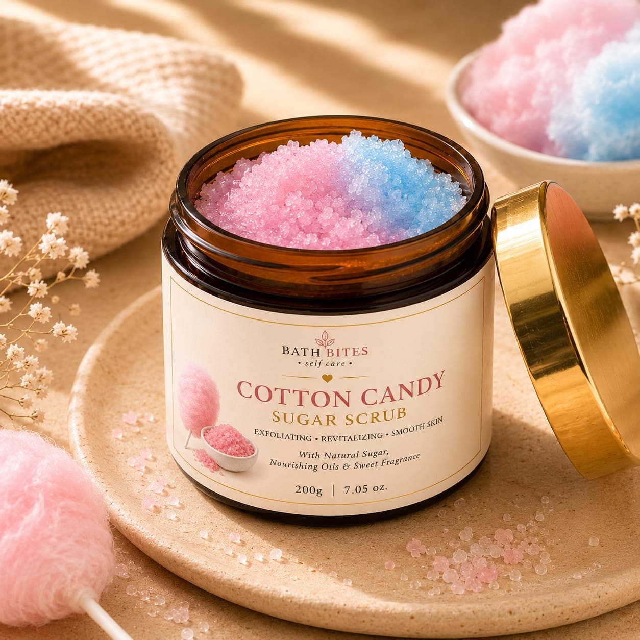  Natural cotton candy sugar scrub for glowing skin, body exfoliation and deep cleansing, luxury self care skincare product for soft smooth skin.