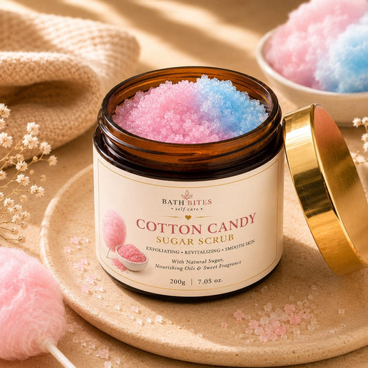  Natural cotton candy sugar scrub for glowing skin, body exfoliation and deep cleansing, luxury self care skincare product for soft smooth skin.