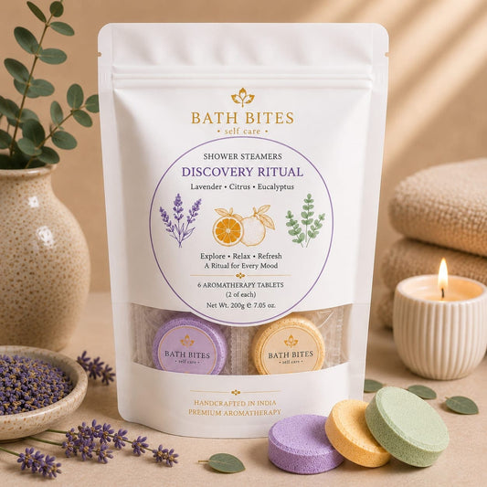 Luxury aromatherapy shower steamers gift set with eucalyptus, citrus and lavender for relaxation, stress relief and home spa self care experience.