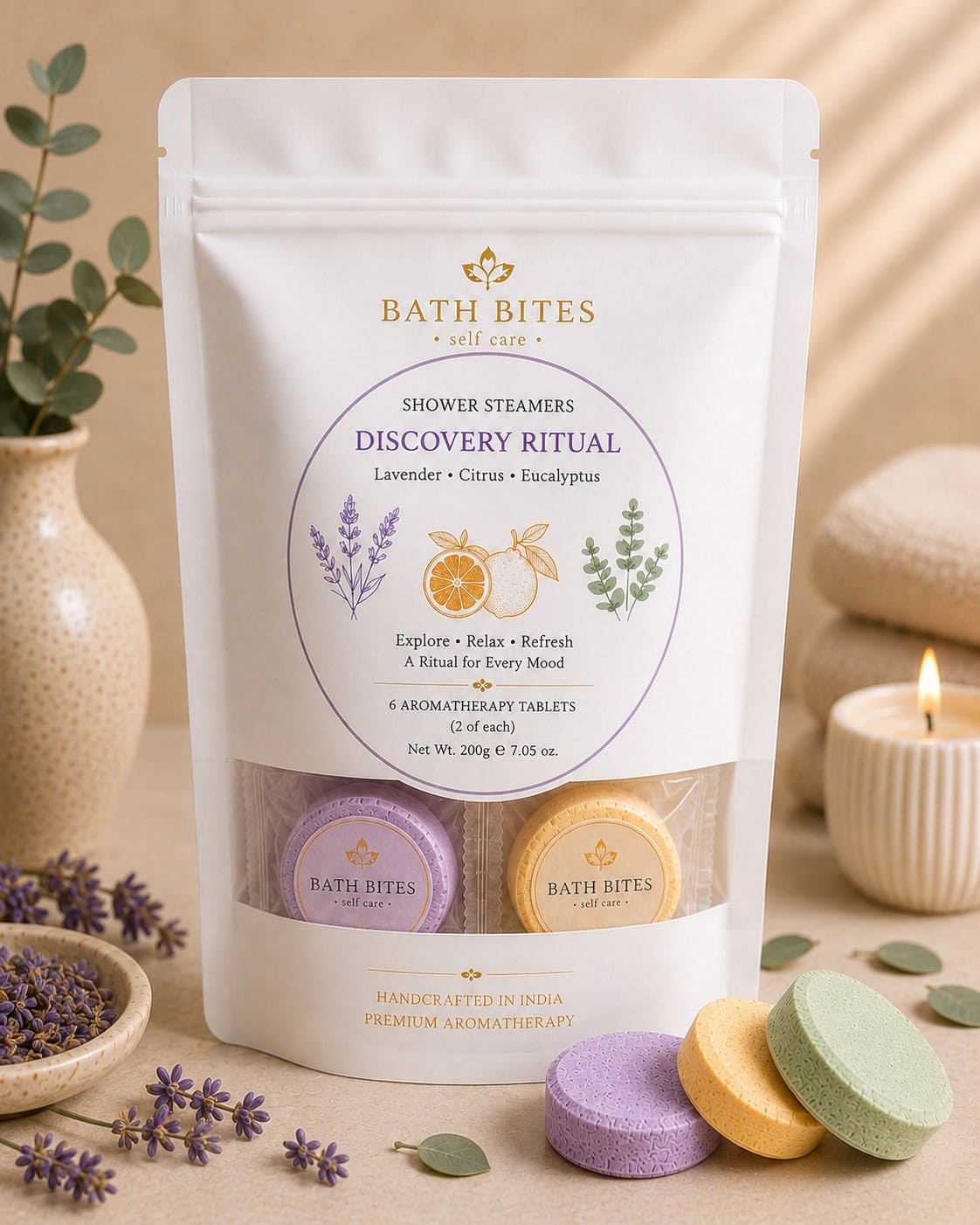 Luxury aromatherapy shower steamers gift set with eucalyptus, citrus and lavender for relaxation, stress relief and home spa self care experience.