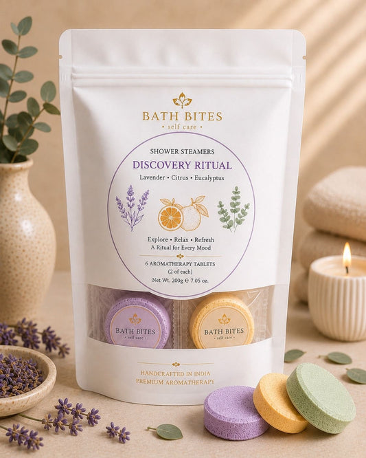 Luxury aromatherapy shower steamers gift set with eucalyptus, citrus and lavender for relaxation, stress relief and home spa self care experience.