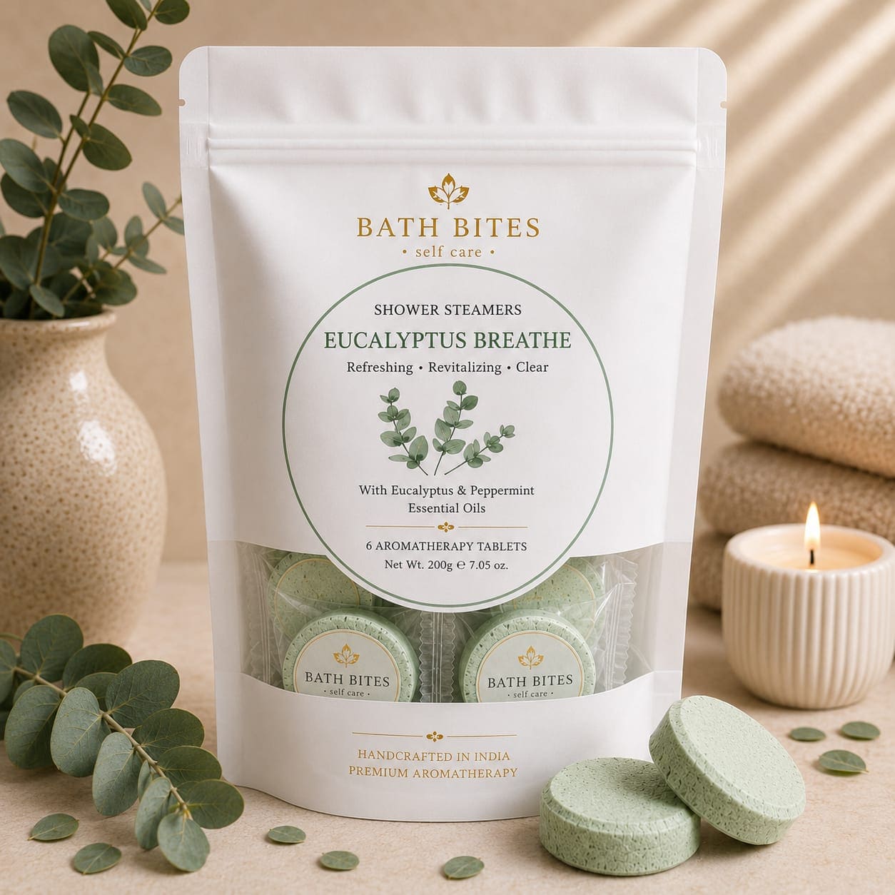 Eucalyptus shower steamers for sinus relief and deep breathing, aromatherapy spa product for stress relief and refreshing shower experience.