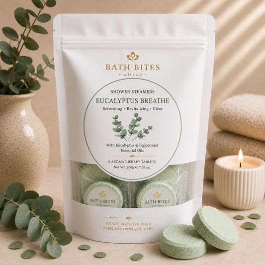 Eucalyptus shower steamers for sinus relief and deep breathing, aromatherapy spa product for stress relief and refreshing shower experience.