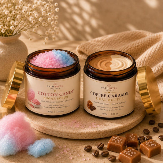 Glow and hydration combo with cotton candy sugar scrub and coffee caramel body butter for exfoliating, moisturizing, soft smooth glowing skin and luxurious self care routine.