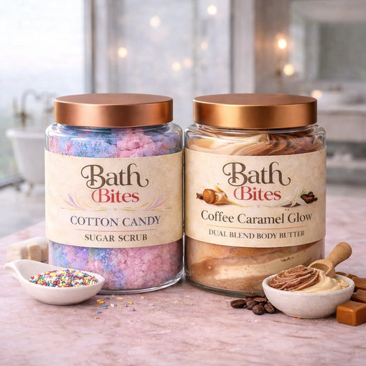 Glow and hydration combo with cotton candy sugar scrub and coffee caramel body butter for exfoliating, moisturizing, soft smooth glowing skin and luxurious self care routine.
