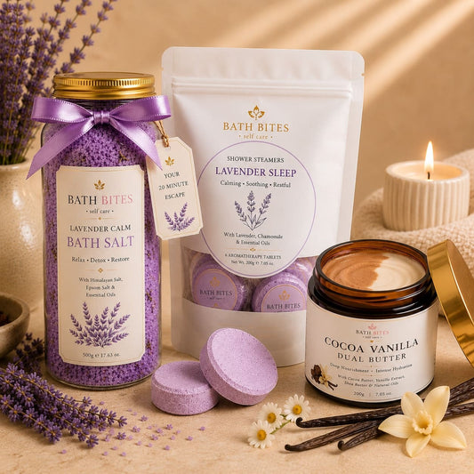 Lavender relaxation self care combo with shower steamers, calming bath salt and cocoa vanilla body butter for stress relief, deep nourishment, better sleep and spa like relaxation at home.