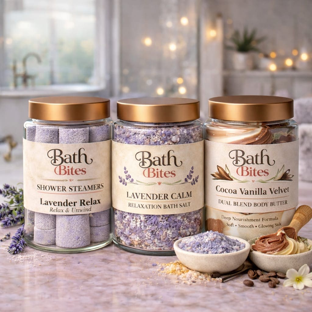 Lavender relaxation self care combo with shower steamers, calming bath salt and cocoa vanilla body butter for stress relief, deep nourishment, better sleep and spa like relaxation at home.