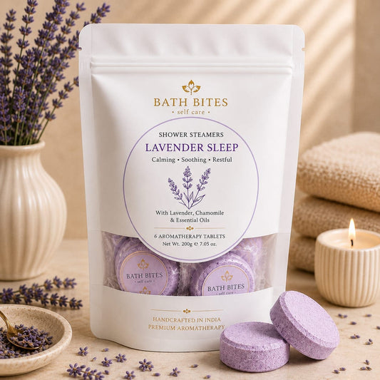 Lavender aromatherapy shower steamers for relaxation and stress relief, calming self care spa product for better sleep and soothing shower experience.
